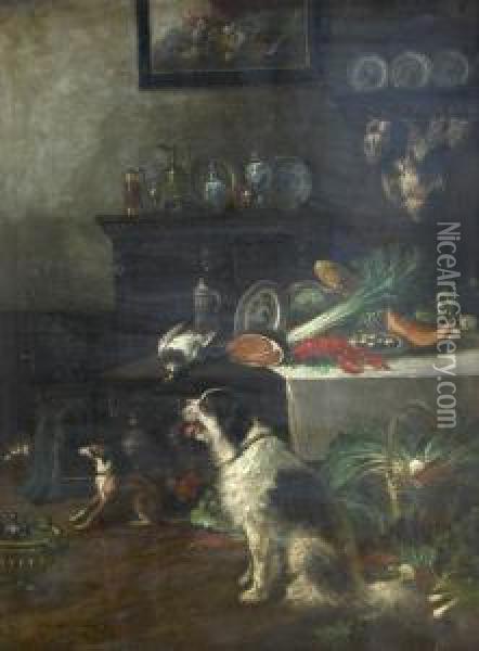 Honden In Een Interieur - Chiens Dans Un Interieur Oil Painting - Edward Moerenhout
