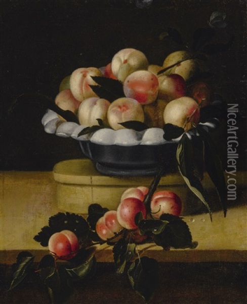 Still Life Of A Peaches In A Bowl Standing On A Wooden Box On A Ledge, An Apricot Branch Resting In The Foreground Oil Painting - Louise Moillon