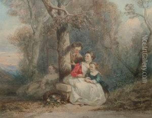 Dumoulin -- Mother And Children In A Woodland Scene Oil Painting - Alexis Auguste Darcy-Dumoulin