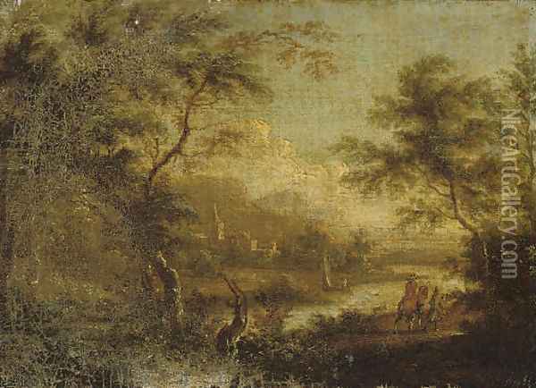A wooded river landscape with travellers on a track, a village beyond Oil Painting - Dirck Dalens II