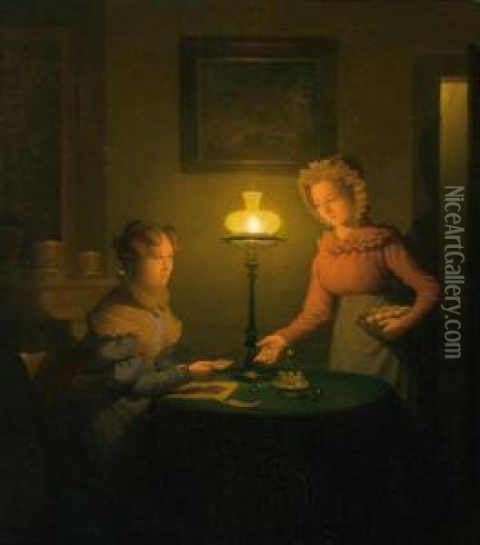 A Lady And A Maid By The Light Of An Oillamp Oil Painting - Adriaan Meulemans