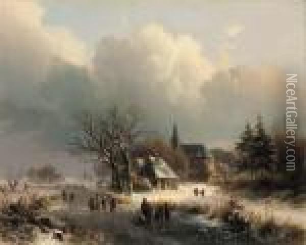 Figures On A Frozen River In Winter Oil Painting - Johann Bernard Klombeck