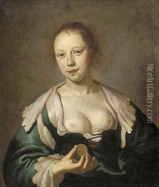 The Sense of Touch A courtesan holding a coin Oil Painting - Jacob Adriaensz. Backer
