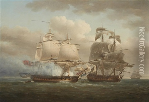 The Battle Between The British And French Frigates Oil Painting - Nicholas Pocock