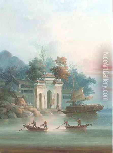 Boats infront of a temple; and another similar Oil Painting - Anglo-Chinese School