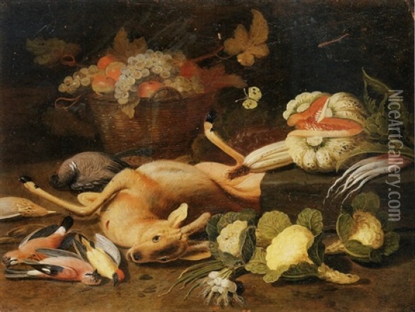 Still Life With A Fawn, A Pigeon, Jays, A Woodpecker, A Thrush, Cabbages, Onions, An Artichoke, A Melon And Other Fruits, And A White Butterfly Oil Painting - Jan van Kessel the Younger