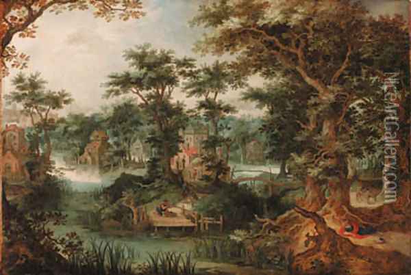 A town in a wooded river landscape with huntsmen and other figures Oil Painting - Gillis Claesz. De Hondecoeter