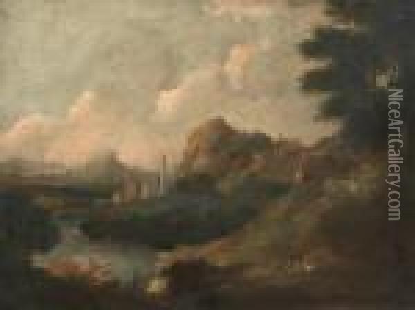 Paesaggio Con Fiume E Rovine Oil Painting - Gaspard Dughet Poussin