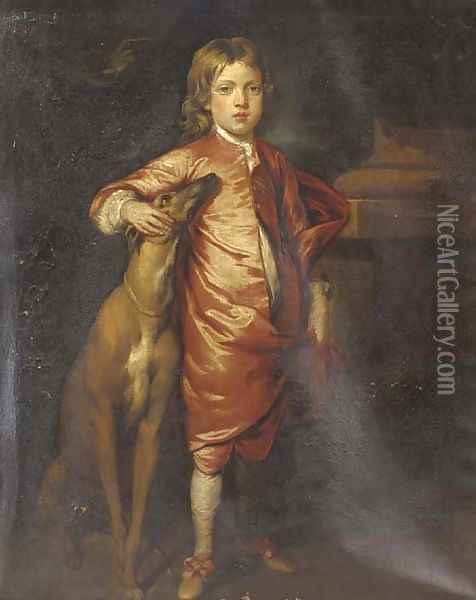 Portrait of a boy, full-length, in Van Dyck costume, with a greyhound, in a landscape Oil Painting - Sir Godfrey Kneller