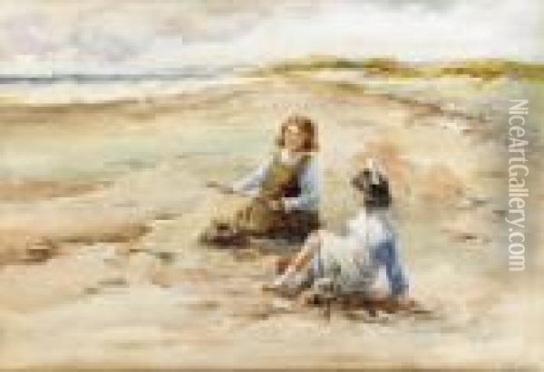 Children Playing On A Beach, Distant Coastal View Beyond Oil Painting - James Paterson