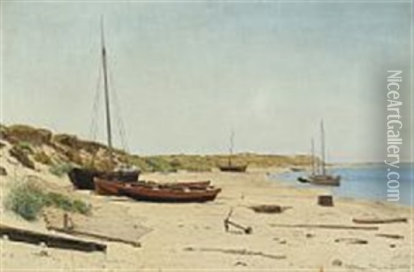Danish Coastal Scape With Fishing Boats On The Beach Oil Painting - William Wandahl