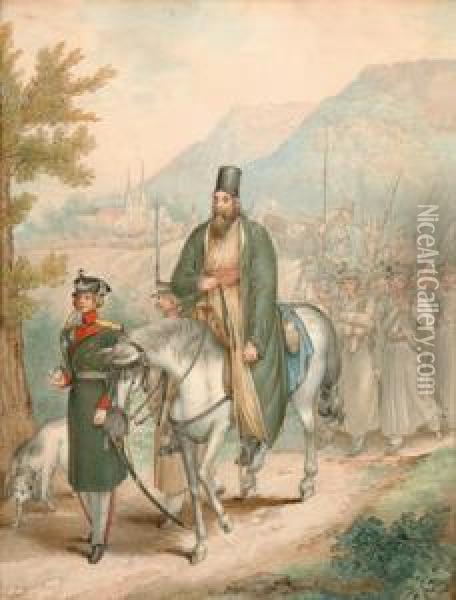 Russische Soldaten Und Ein Pope Zu Pferd Oil Painting - George Emmanuel Opitz