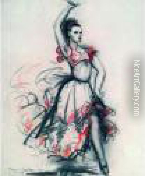 Sacha Ou Paquita. La Danseuse De Flamenco. Oil Painting - France Leplat