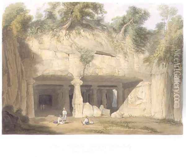 Exterior of the Great Cave Temple of Elephanta, near Bombay, in 1803, from Volume II of Scenery, Costumes and Architecture of India, engraved by S.G. Hughes, pub. by Smith, Elder and Company, 1830 Oil Painting - William Westall