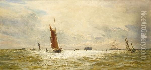 Fishing Boats Running Home Through Spithead Atthe End Of The Day Oil Painting - William Lionel Wyllie