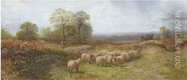 A shepherd with his flock in a moorland landscape Oil Painting - George Shalders