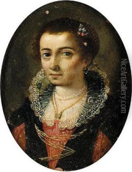 Portrait Of A Lady, Head And 
Shoulders, Wearing An Elaborate Ruff And A Red Embroidered Dress Oil Painting - Lavinia Fontana