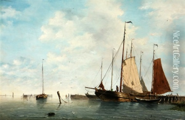 Boats In A Harbor Oil Painting - Gustav Schoenleber