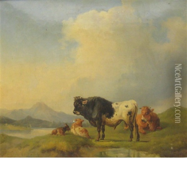 Cows In A Meadow, A Lake In The Distance Oil Painting - Joseph Heicke