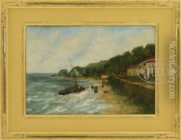 Coastal Scene With Figures On Beach With Fishing Boat Oil Painting - Harry Aiken Vincent