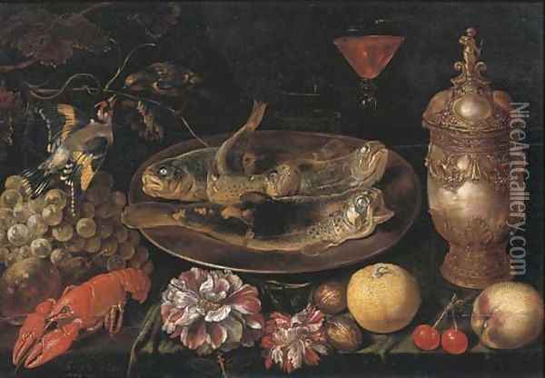 Trouts on a silver platter, a facon de Venise wine glass Oil Painting - Ernest De Lairesse