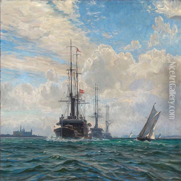 Warships Convoy Near Kronborg In Denmark Oil Painting - Vilhelm Karl Ferd. Arnesen