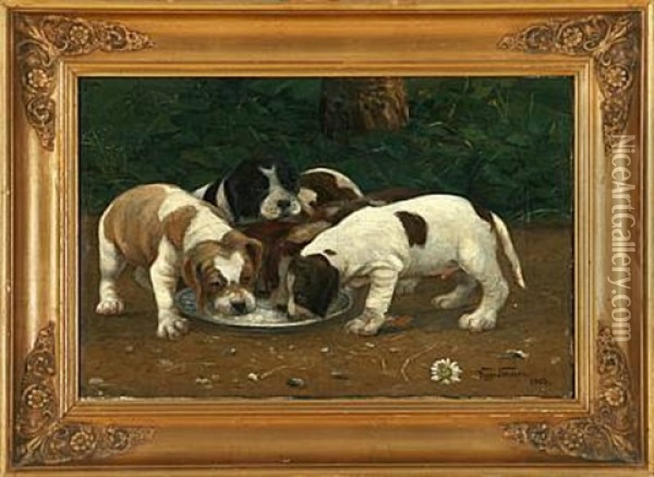 Puppies Drinking Water Oil Painting - Viggo Simesen