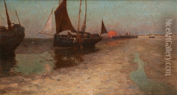 Barques De Pecheurs Amarrees Oil Painting - Victor Olivier Gilsoul