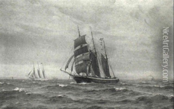 Marine Med To Sejlskibe Oil Painting - Christian Benjamin Olsen
