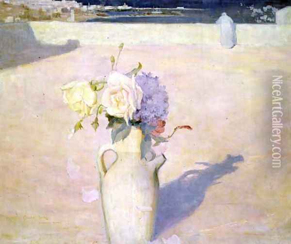 Flowers in a Vase against a background of Mustapha, Algiers, 1891 Oil Painting - Charles Edward Conder