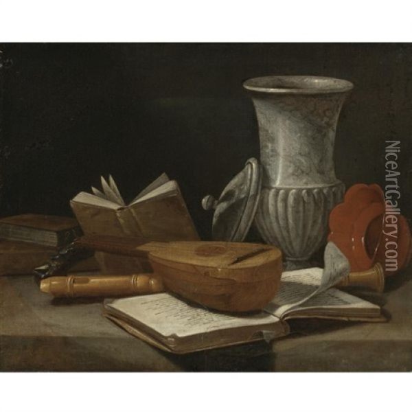 Still Life With A Lute, A Recorder, Books, A Marble Covered Vase And Other Objects Resting On A Table Oil Painting - Cristoforo Munari