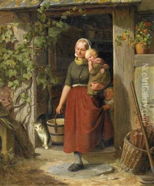 Die Junge Winzerin Mit Ihren Kindern Oil Painting - Adolf Heinrich Richter