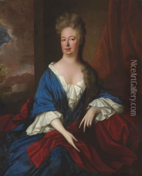 Portrait Of A Lady, Possibly Lady Bagot (1665-1714), Wife Of Sir Edward Bagot, 4th Baronet, Three-quarter-length, In A Blue Dress With A Red Stole... Oil Painting - Michael Dahl