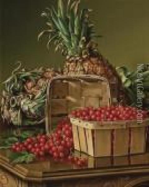 Still Life With Pineapple And Basket Of Currants Oil Painting - Levi Wells Prentice