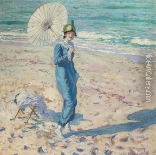 On The Beach (girl In Blue) Oil Painting - Frederick Carl Frieseke