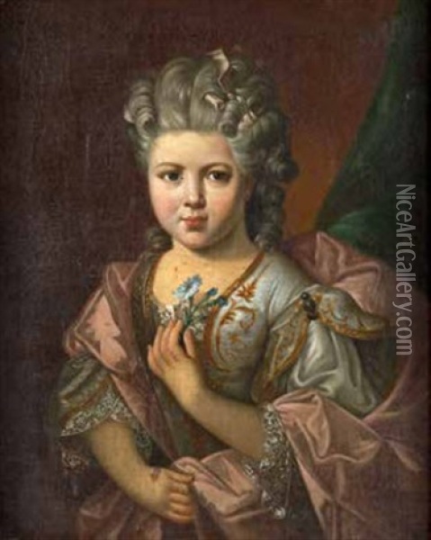 Portrait De Jeune Fille Tenant Un Bouquet De Bleuets Oil Painting - Nicolas de Largilliere