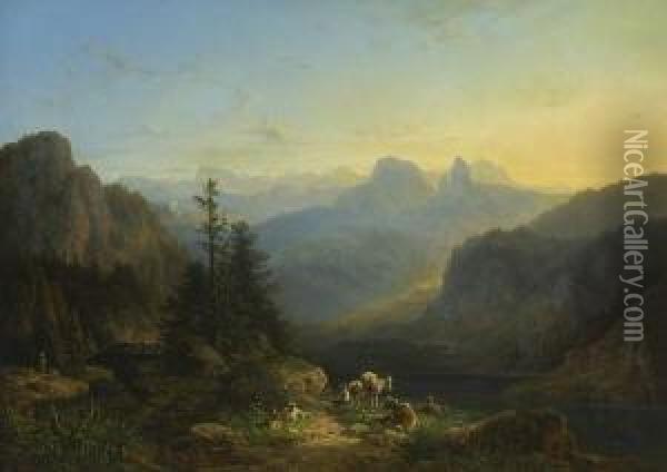 Abendliche
 Gebirgslandschaft. Oil Painting - Johann Nepomuk Ott