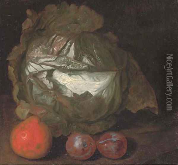 A cabbage with a pear and plums Oil Painting - French School