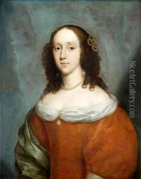 Portrait Of A Lady, Half Length, Wearing An Orange Silk Dress And A Green Silk Shawl Oil Painting - Cornelius Jonson