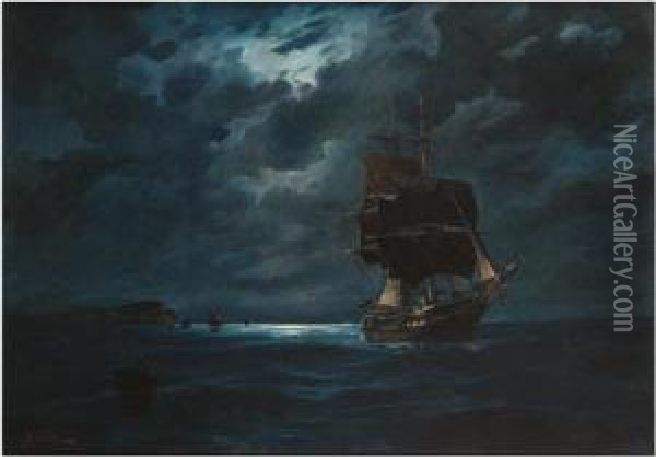 Sailing By Moonlight Oil Painting - Vassilios Chatzis
