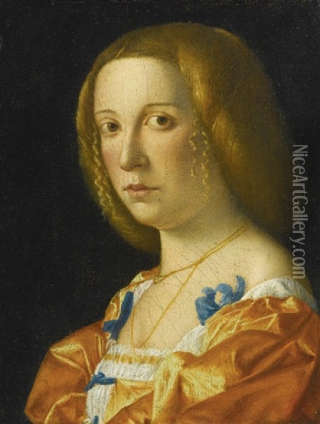Portrait Of A Lady, Bust Length, Facing Left, Dressed In An Orange Gown With Blue Ribbons Oil Painting - Giovanni Francesco Caroto