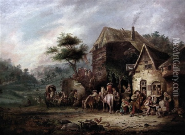 Tavern Scene With Figures Drinking And Conversing Outside, Relined Oil Painting - Isaac Van Ostade