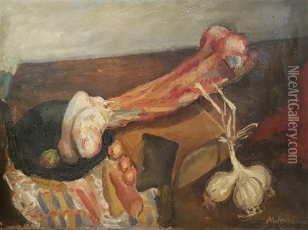 Still Life With Meat And Garlic Oil Painting - Abraham Weinbaum