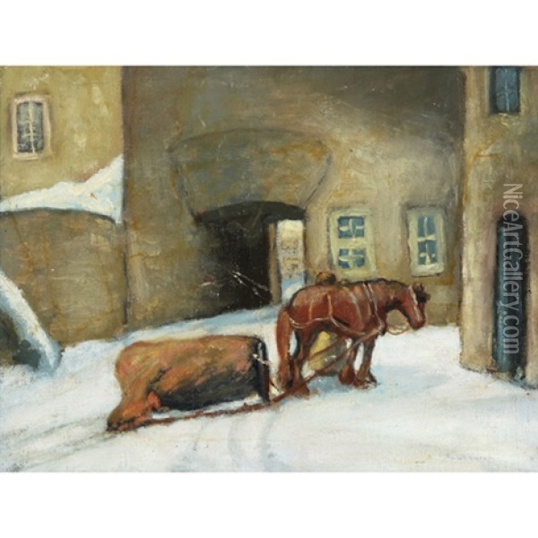 Horse And Sleigh In Village Oil Painting - Paul Archibald Octave Caron