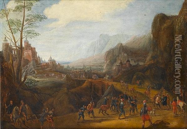 A Skirmish In A Mountain Valley,
 A Coastal Town Beyond; And A Rocky Landscape Soldiers Crossing A 
Bridge, A Walled Town Beyond Oil Painting - Pieter Snayers