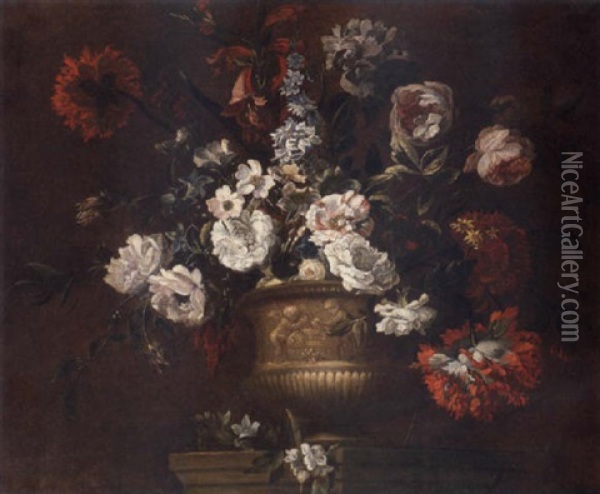 Roses, Delphiniums, Carnations, Peonies, Narcissi, And Other Flowers In A Sculpted Urn On A Stone Ledge Oil Painting - Jean-Baptiste Monnoyer