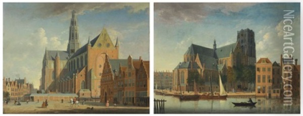 A View Of The Grote Markt, Haarlem, From The Northwest; And A View Of The Sint-laurenskerk, Rotterdam, From The Northeast Oil Painting - Jan ten Compe
