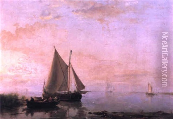 Shipping In A Calm At Sunset Oil Painting - Hermanus Koekkoek the Elder