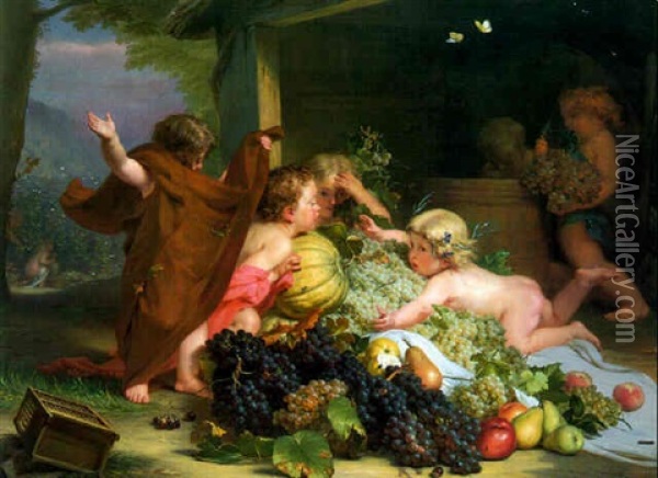 Raisins, Papillons, Pommes, Poires Et Citrouilles Oil Painting - Anton van Ysendyck