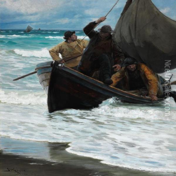 Hjemvendende Fiskere Ifaerd Med At Stryge Sejlene Paa Baaden Oil Painting - Peder Severin Kroyer